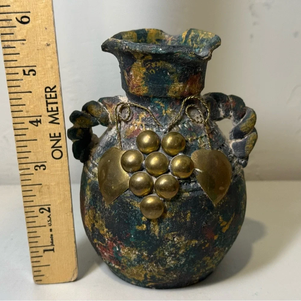 Pottery Vintage Vase Brass and Copper Accents Loop‎ Handles Primitive Folk Art